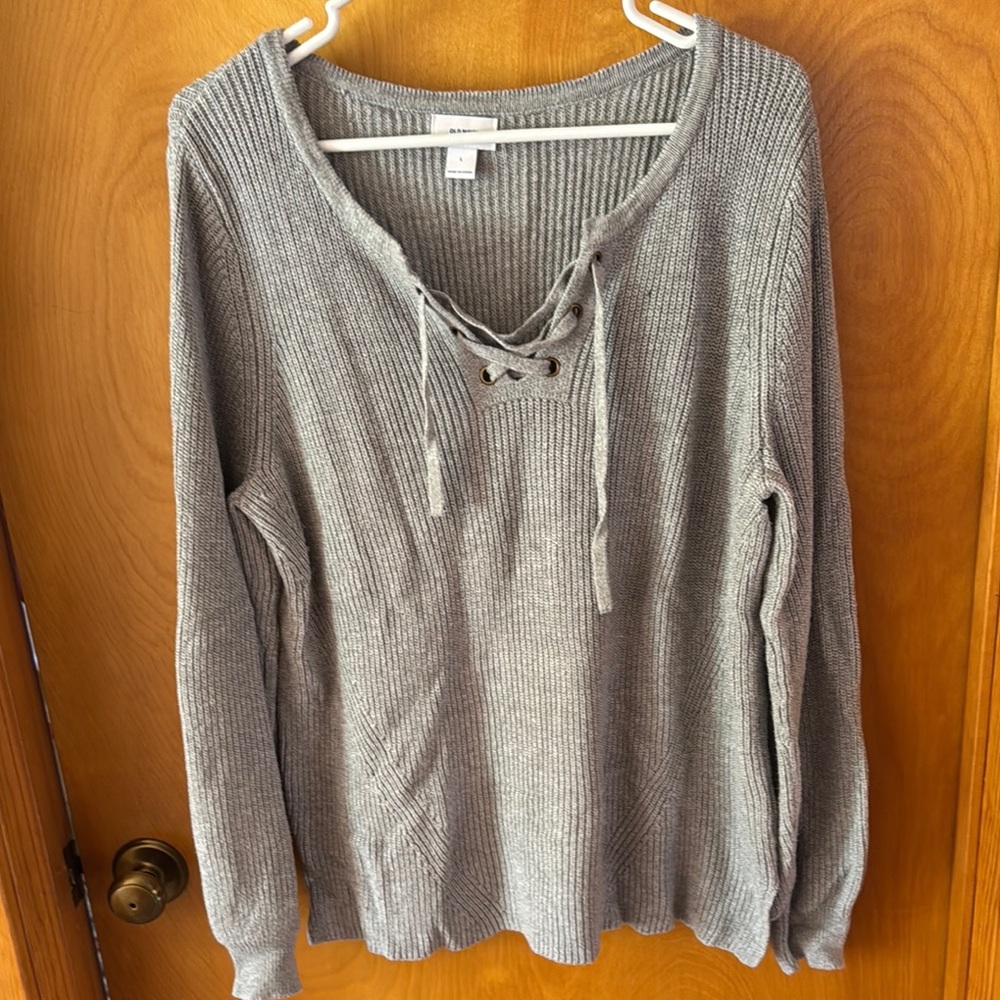 Gray Lace-Up Sweater